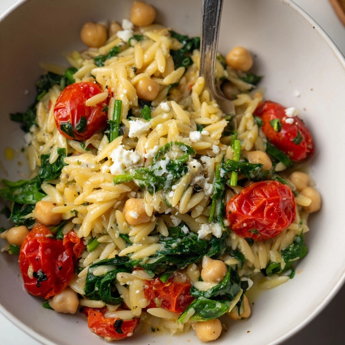 Savory 15-Minute Lemon-Garlic Chickpea Orzo Skillet: a quick, vibrant vegetarian meal, steaming in a pan.