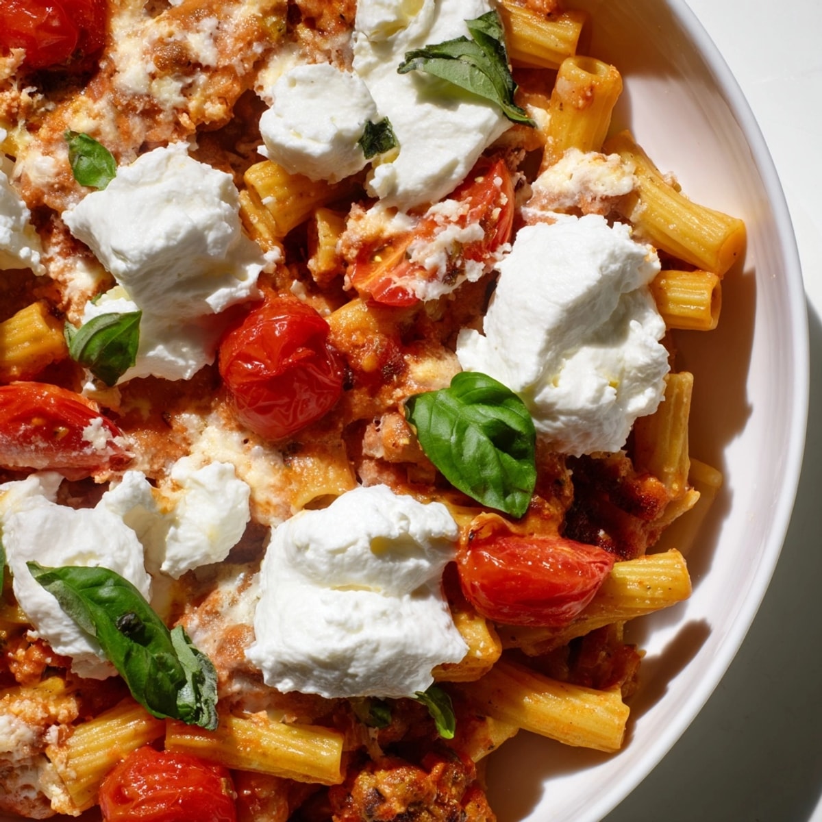 Golden Weeknight Baked Ziti with Cherry Tomato Burst, bubbly cheese, ready to serve.