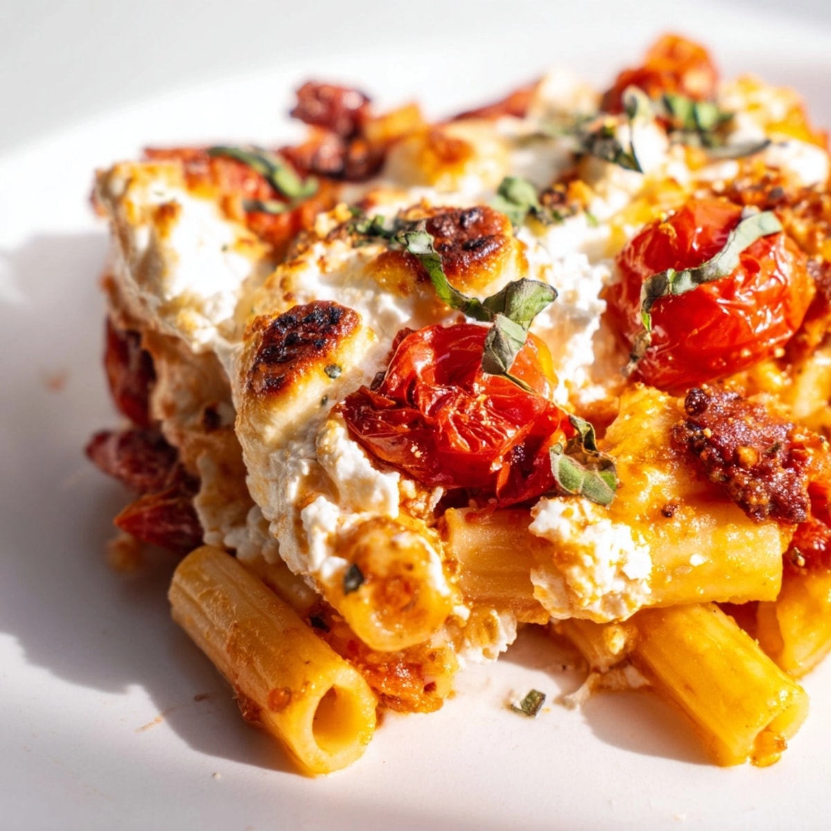 Close-up of cheesy Weeknight Baked Ziti with Cherry burst, steam rising, basil garnish.