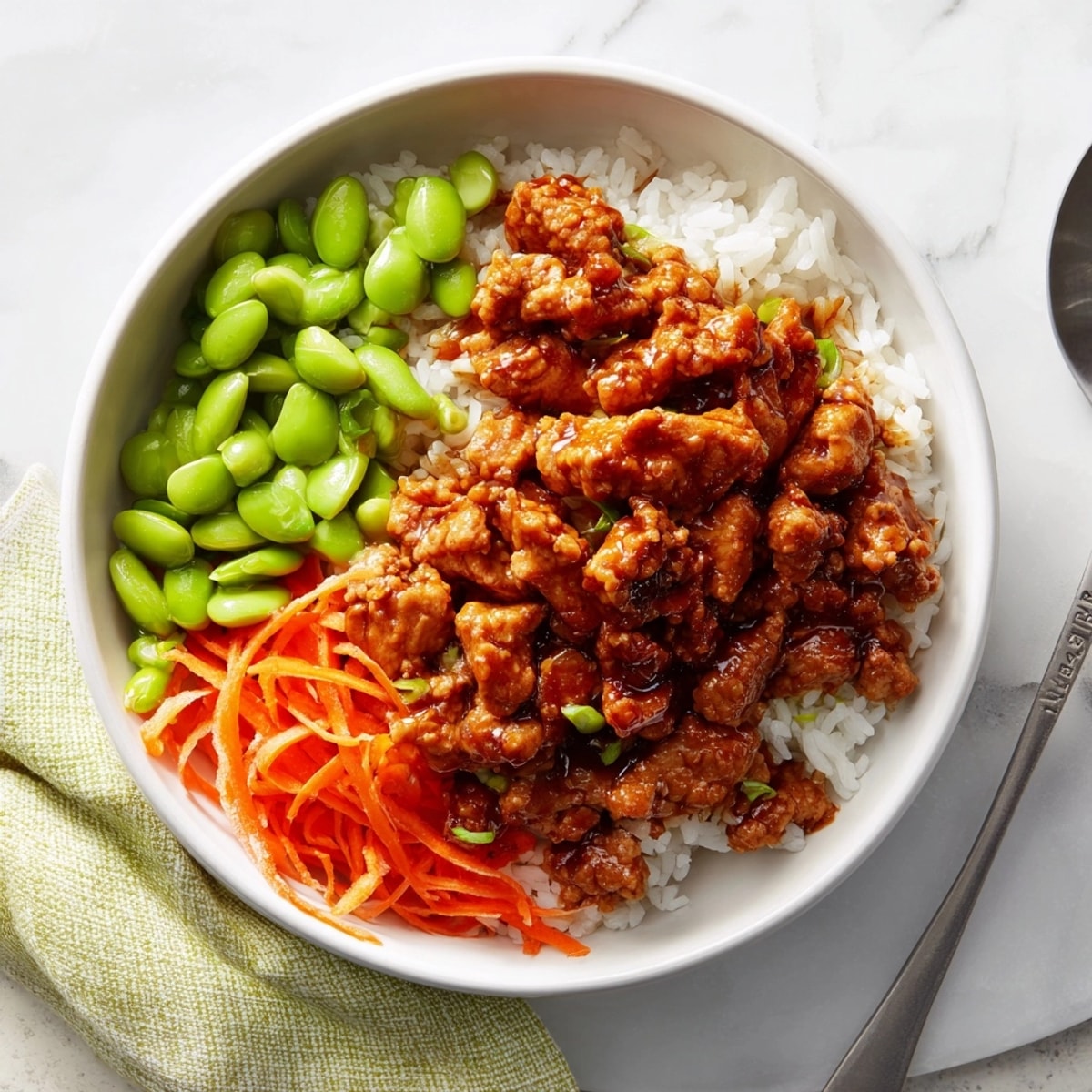Delicious Teriyaki Turkey Bowls recipe: savory ground turkey atop fluffy rice.