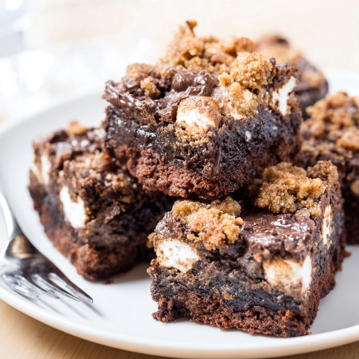Gooey S’mores Brownie Bars recipe close-up: melted marshmallows and graham cracker perfection.
