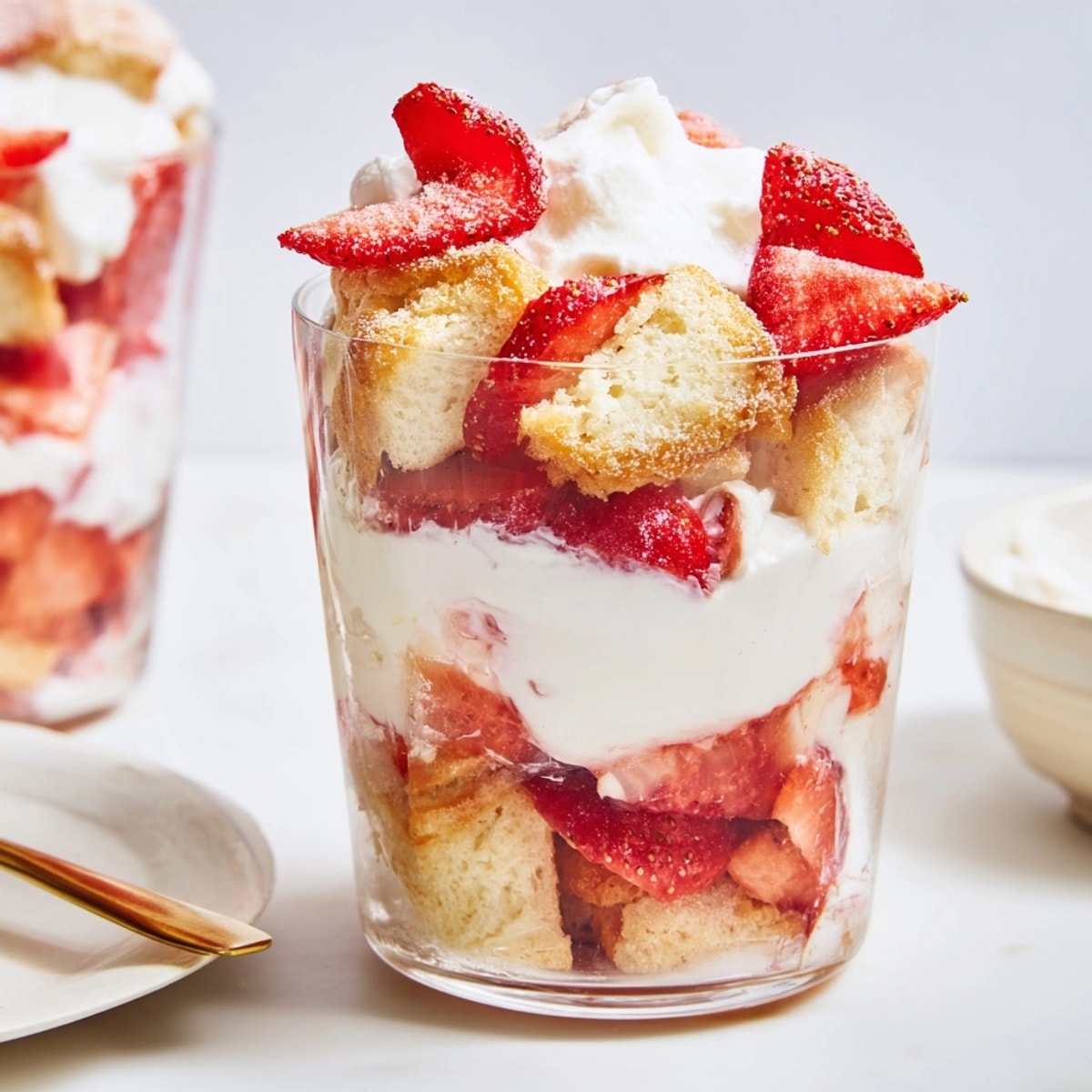 Strawberry Shortcake Parfaits: Fluffy biscuits layered with sweet strawberries, visible in clear glass cups.