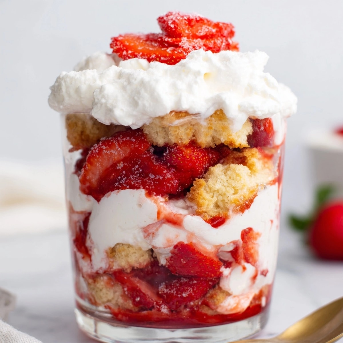 Easy Strawberry Shortcake Parfait recipe: Summer dessert ready in minutes; see stacked ingredients.