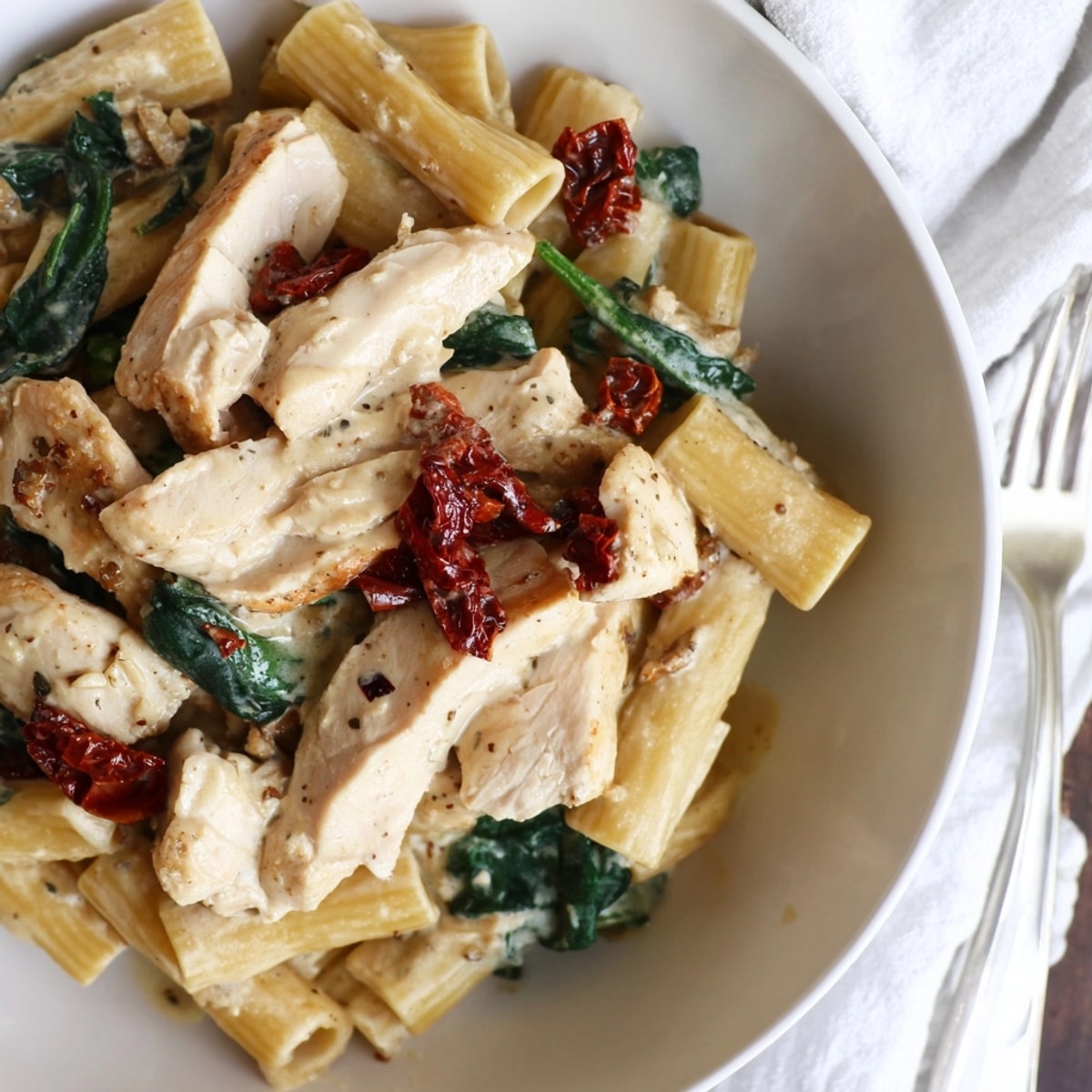 Creamy Tuscan Chicken Pasta: Golden chicken nestled in a rich, fragrant sun-dried tomato cream sauce.