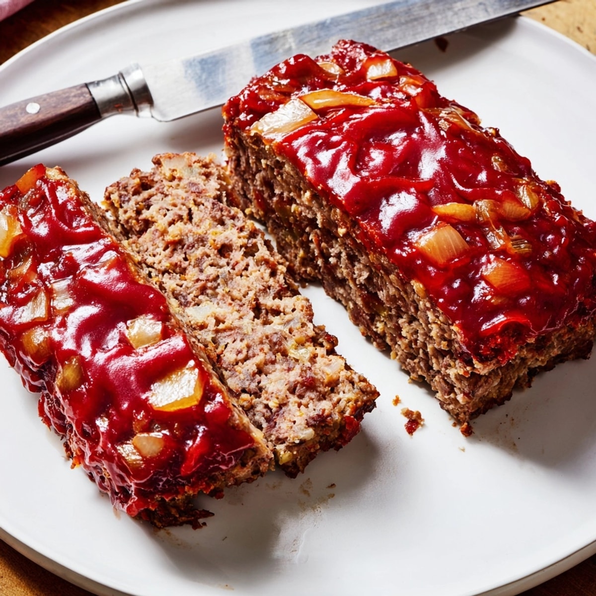 Savory, baked homestyle meatloaf recipe, sliced and ready to serve with mashed potatoes.