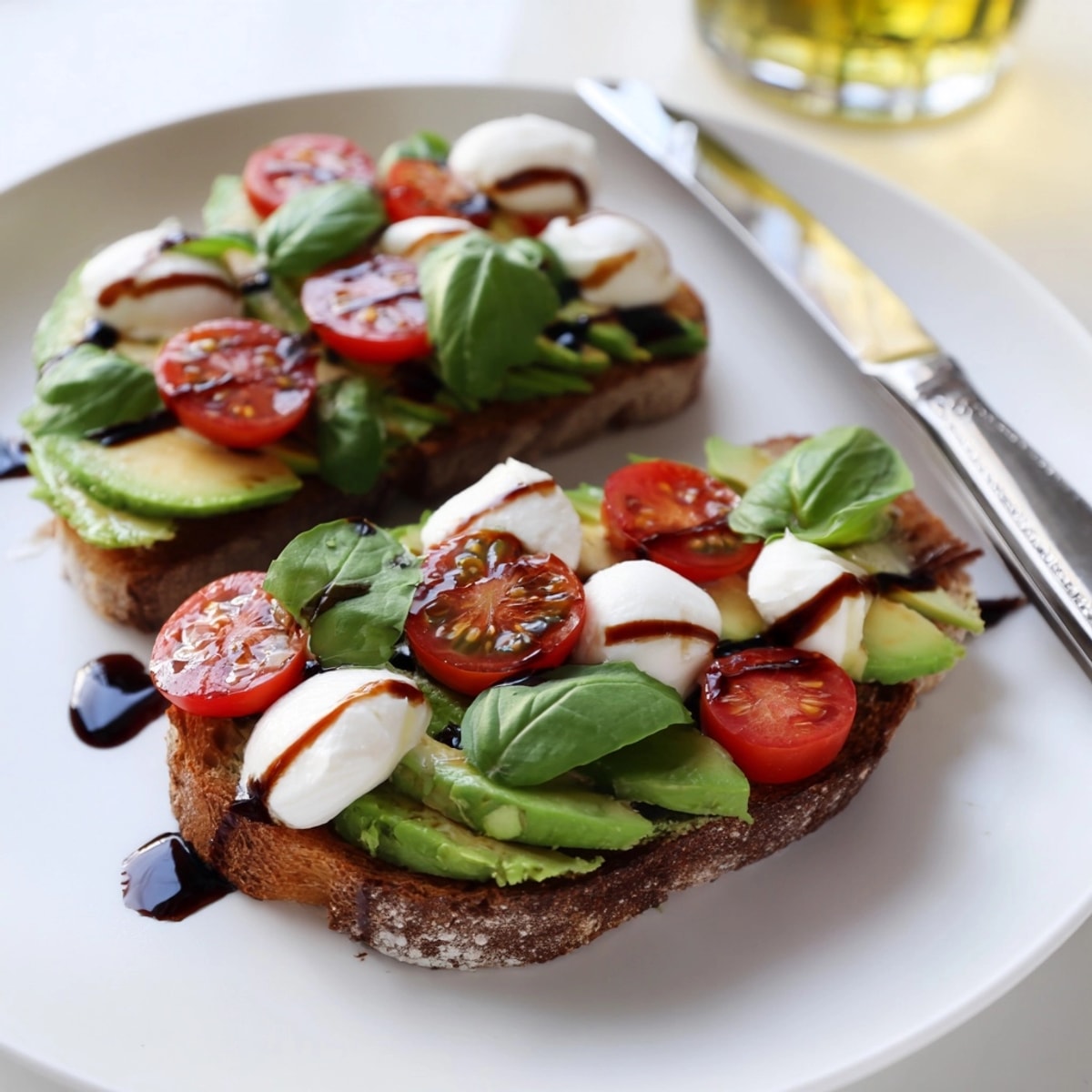 Caprese Avocado Toast: Creamy avocado, ripe tomatoes, and mozzarella over crisp toasted bread.