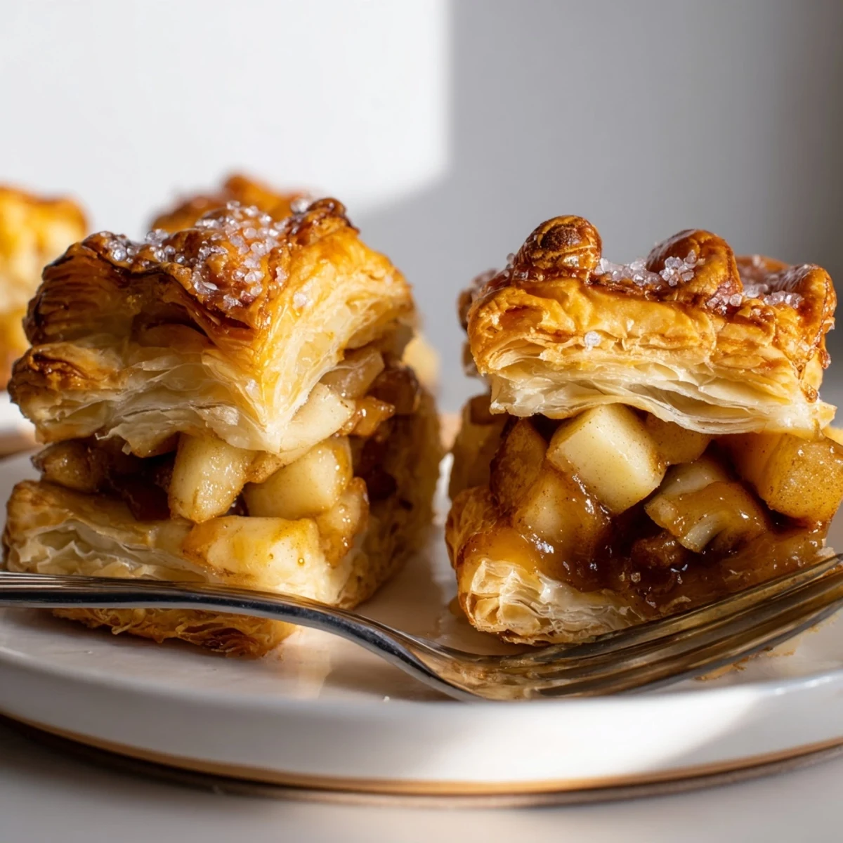 Warm, cinnamon-spiced apple filling and gooey caramel in flaky puff pastry.  