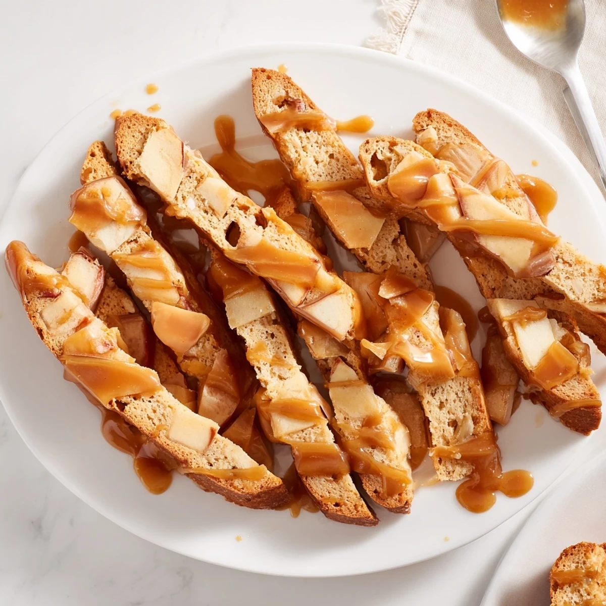Crispy Caramel Apple Biscotti Dunkers drizzled with sweet caramel sauce, perfect for coffee.