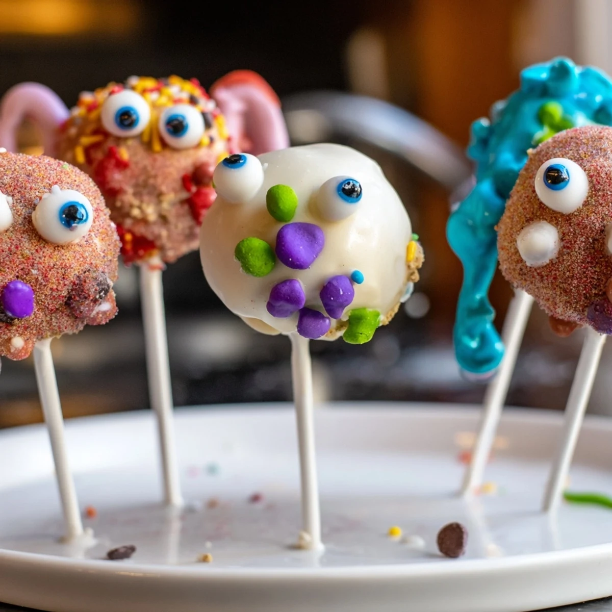 Whimsical cinnamon sugar monster cake pops decorated with colorful sprinkles and candy eyes.  