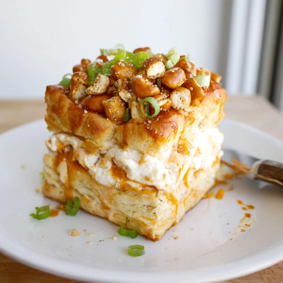 Buttery Buffalo Ranch Flaky Pretzel Biscuit Bars topped with crunchy pretzels for game day.