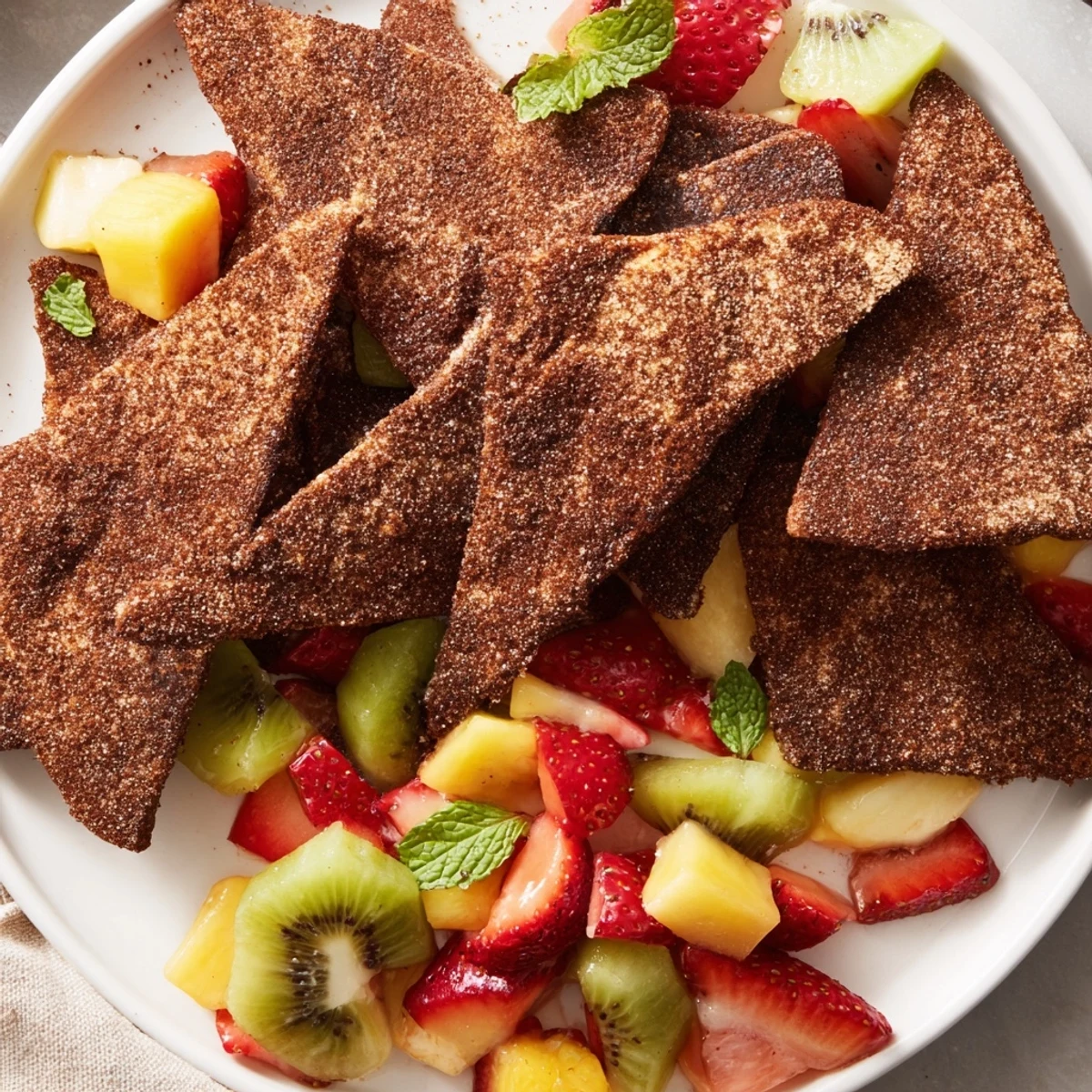 Delightful Dessert Chips & Salsa featuring vibrant diced fruits and rich chocolate chips.  