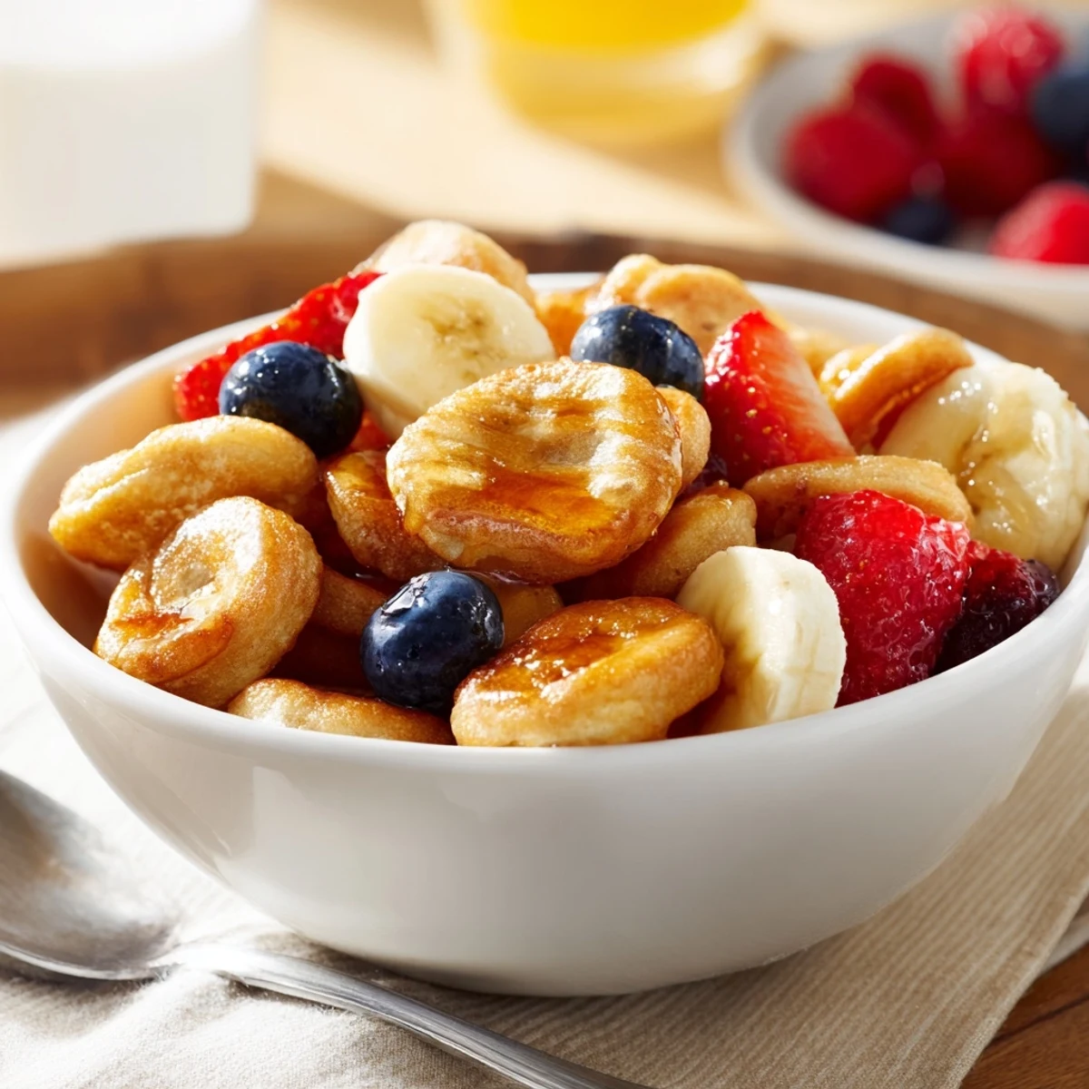 Bite-sized mini pancake cereal served warm with fresh berries and syrup.  