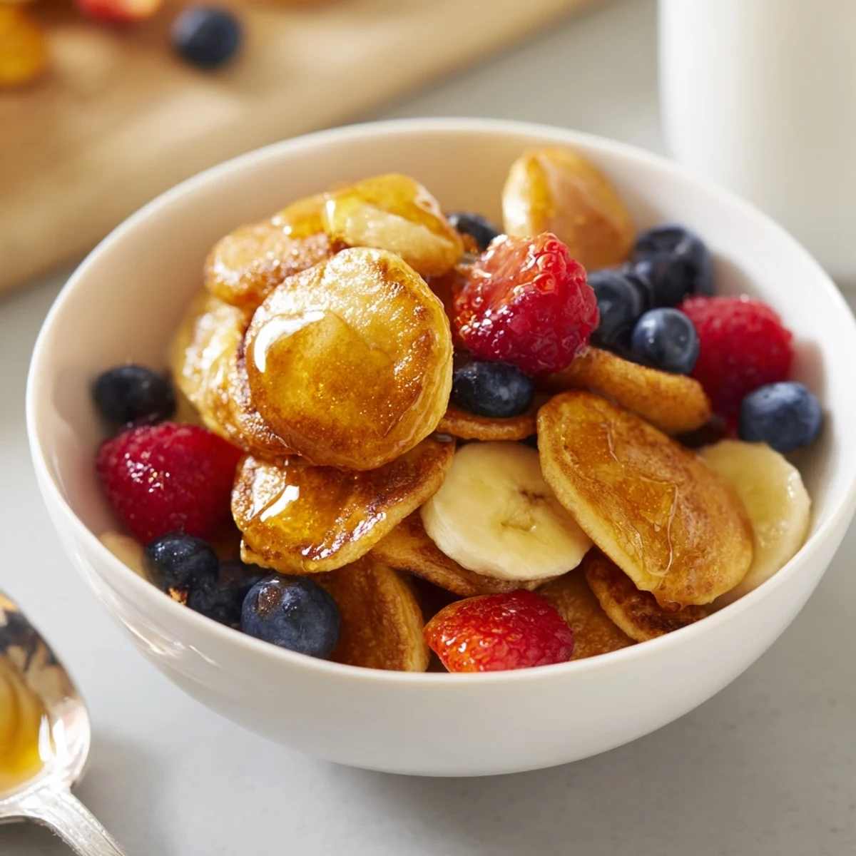 Crispy mini pancake cereal topped with sliced bananas and a drizzle of honey.