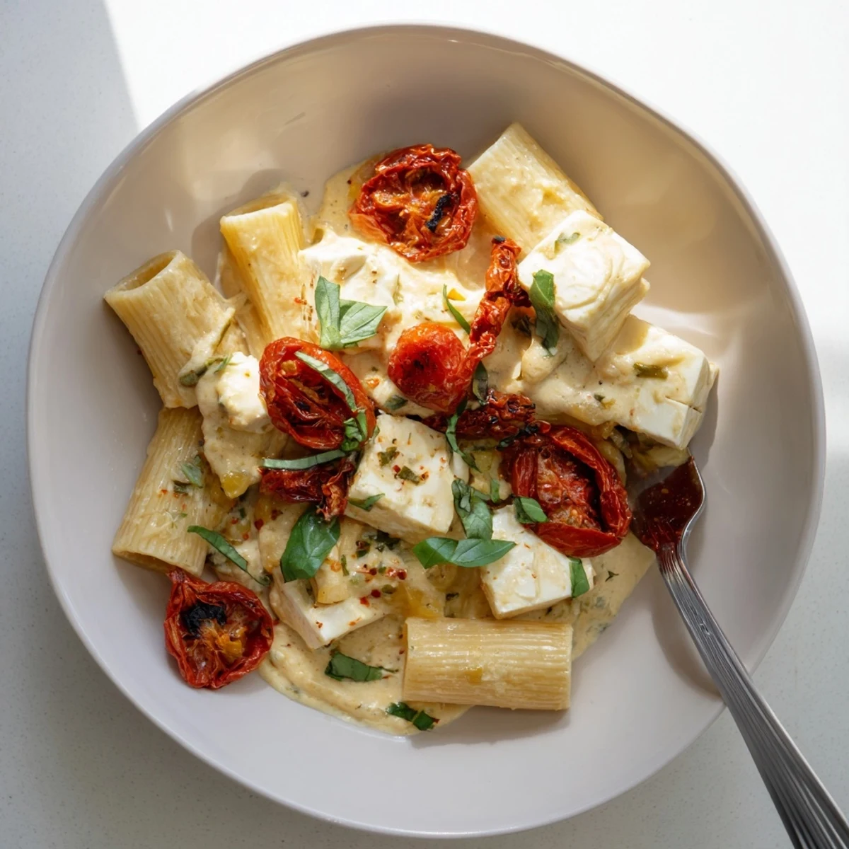 Deliciously baked feta pasta topped with fresh basil and roasted cherry tomatoes.  