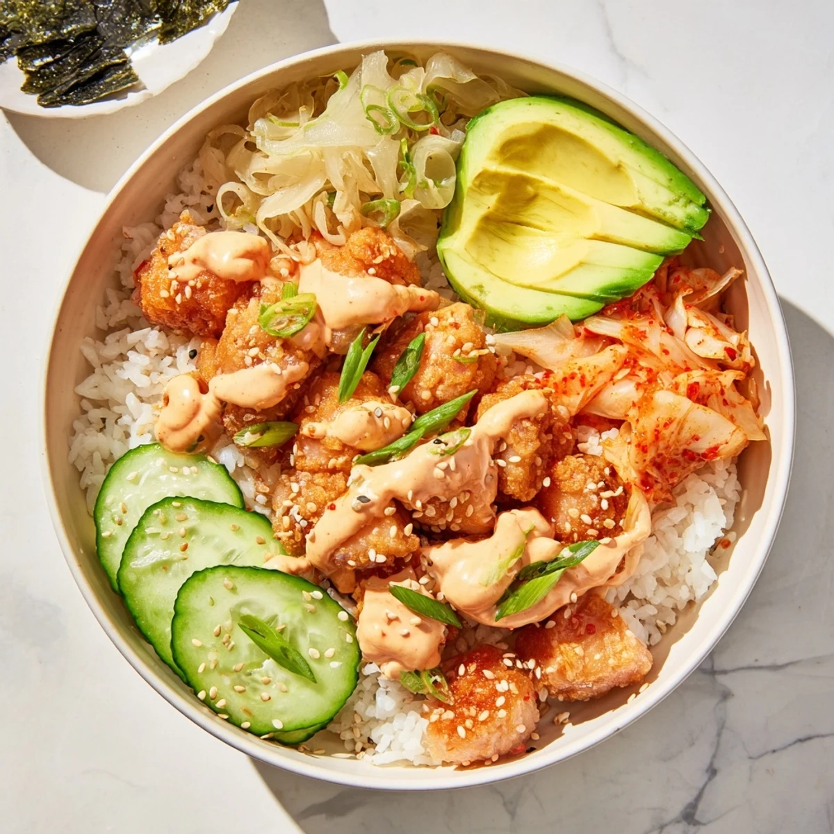 Delicious Crispy Salmon Rice Bowl garnished with kimchi, garlic, and refreshing cucumber slices. 