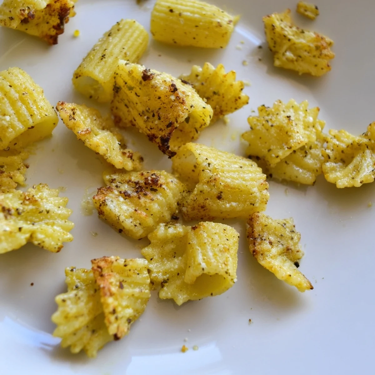 Golden baked pasta chips, sprinkled with garlic and smoked paprika for flavor.  