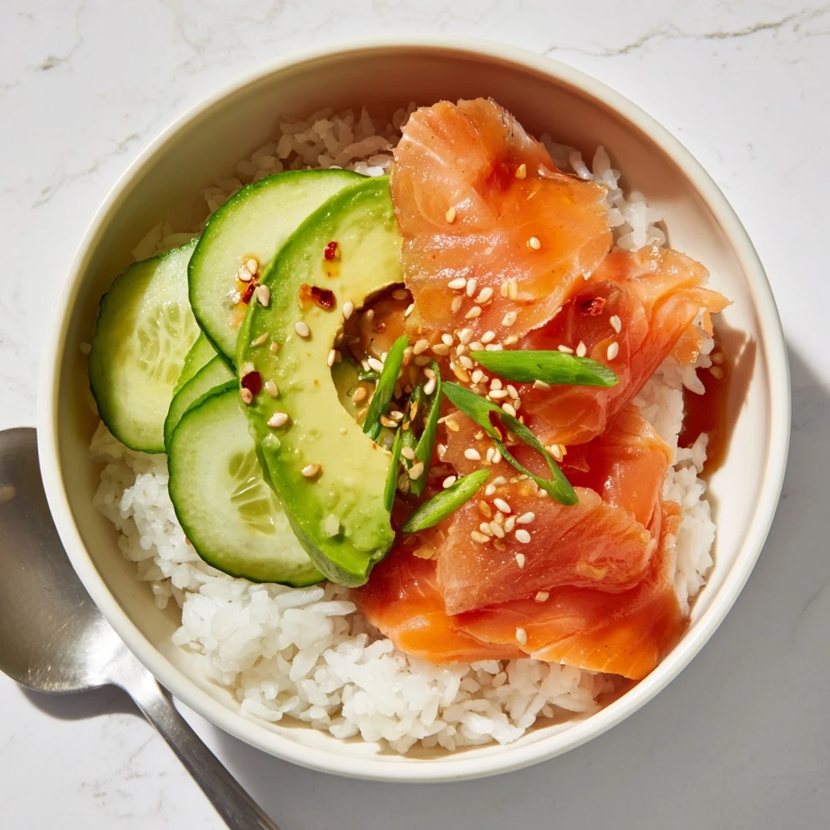 Quick and healthy leftover salmon and rice bowl, finished with sesame seeds and ginger.