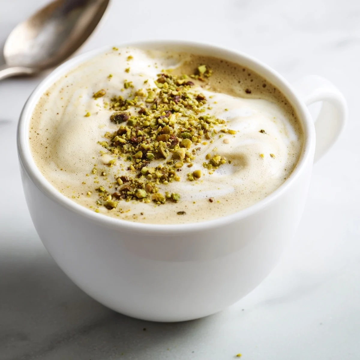 Frothy pistachio milk latte garnished with pistachios, ideal for a cozy afternoon.