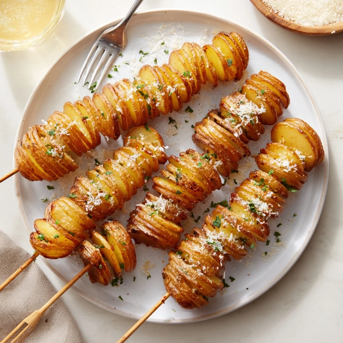 Healthier tornado potatoes on skewers, perfect for dipping into your favorite sauces.