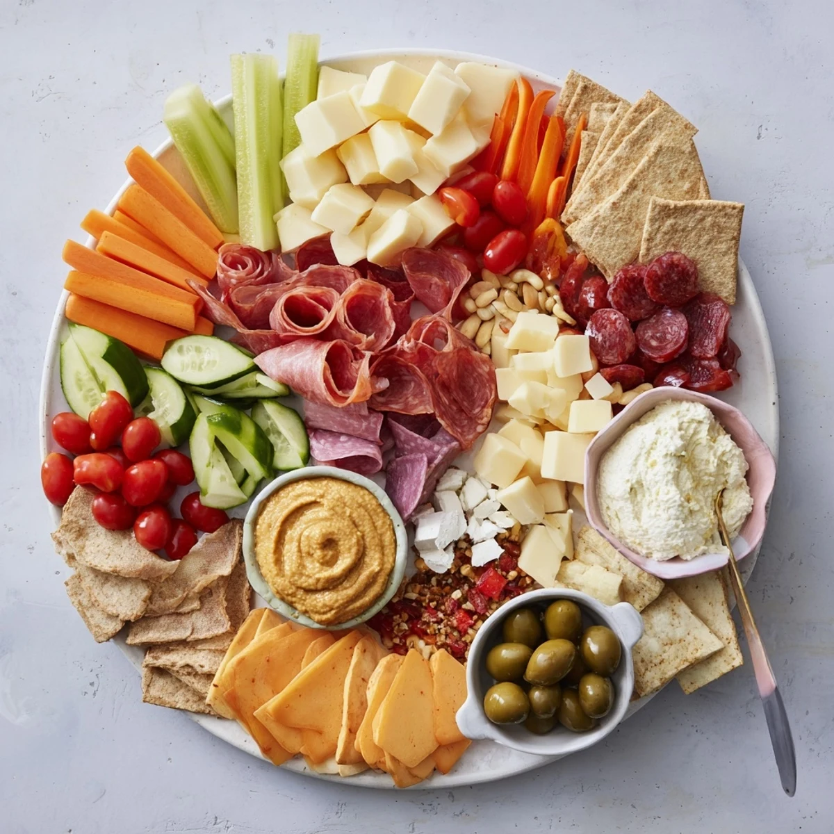 A vibrant Girl Dinner Platter showcasing colorful cheeses, fruits, and dips.  