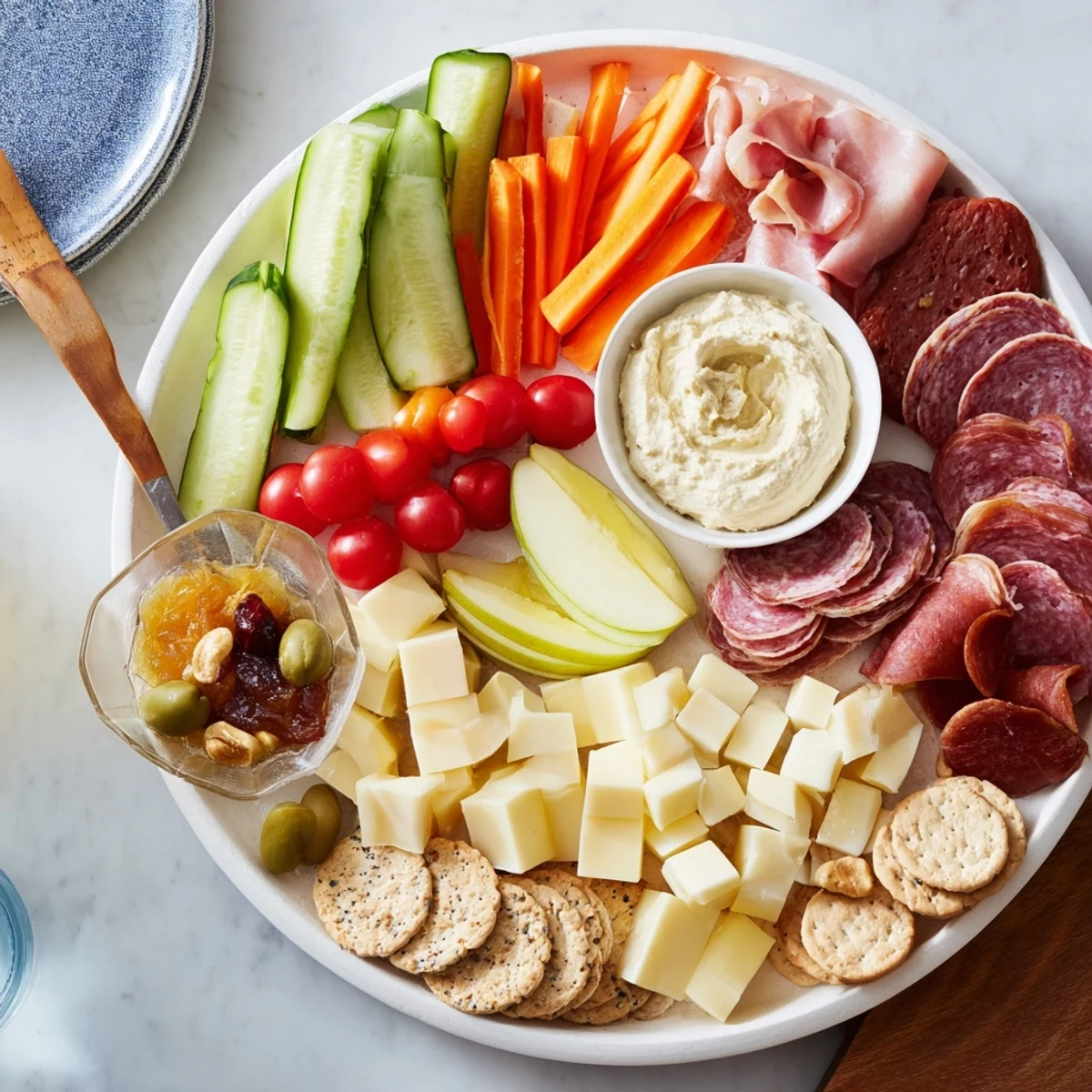 An inviting Girl Dinner Platter with fresh veggies, artisanal cheeses, and tasty spreads.