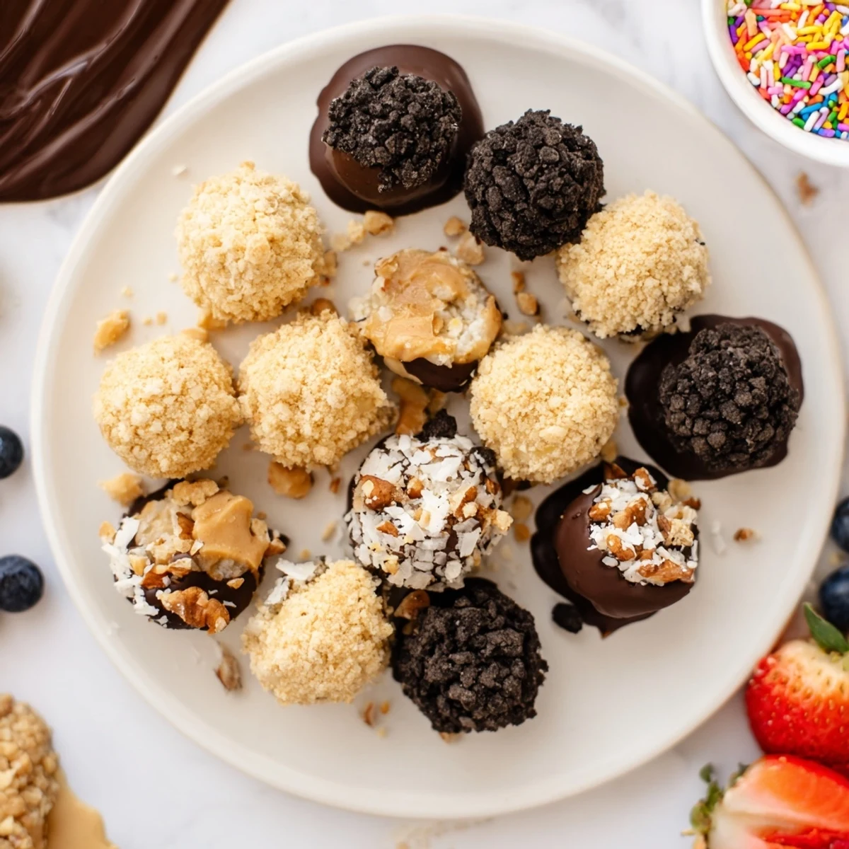 Deconstructed Dessert Board featuring creamy cheesecake bites and colorful, fresh toppings.  