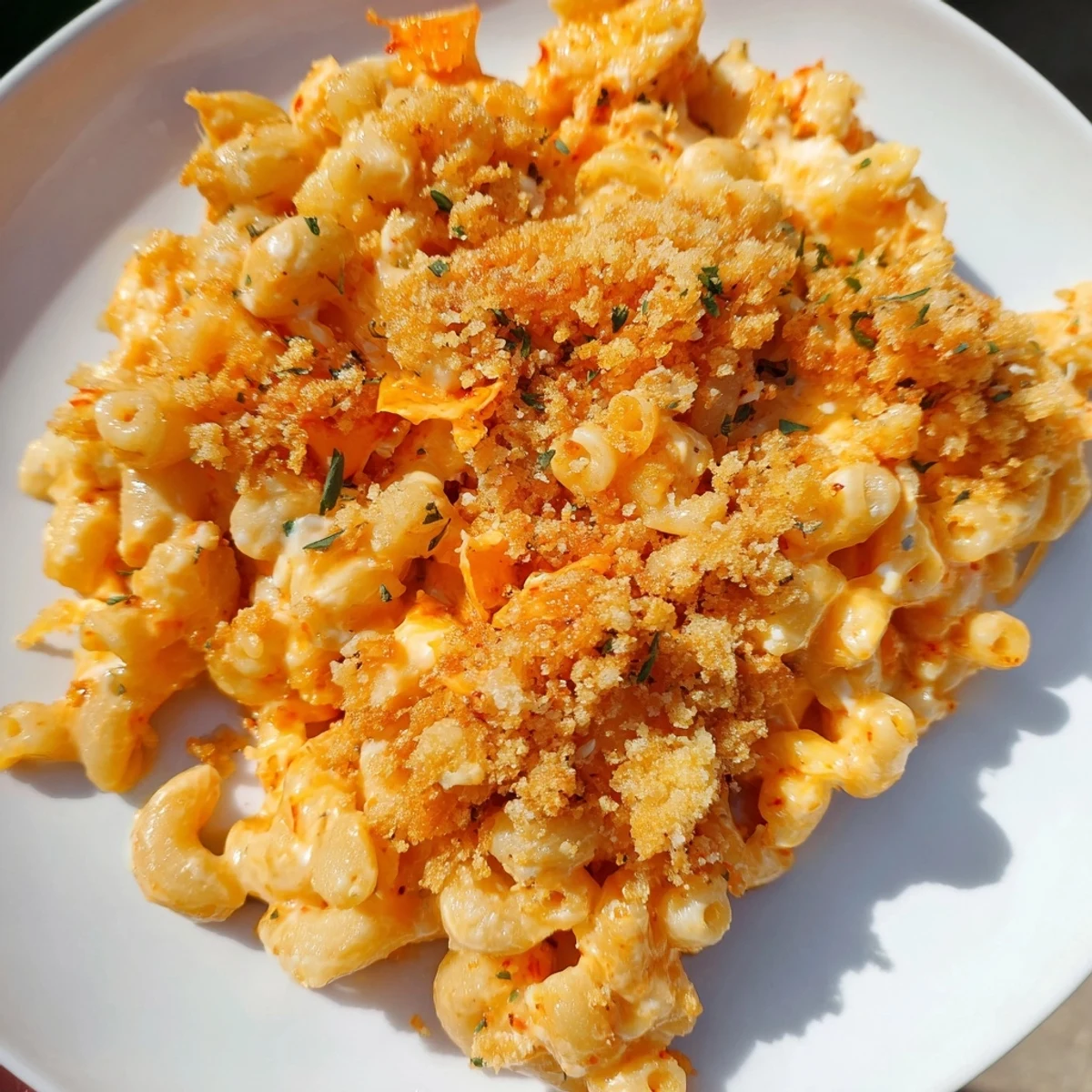 Creamy Spicy Kimchi Mac & Cheese topped with crunchy sesame adds flavor and texture.  