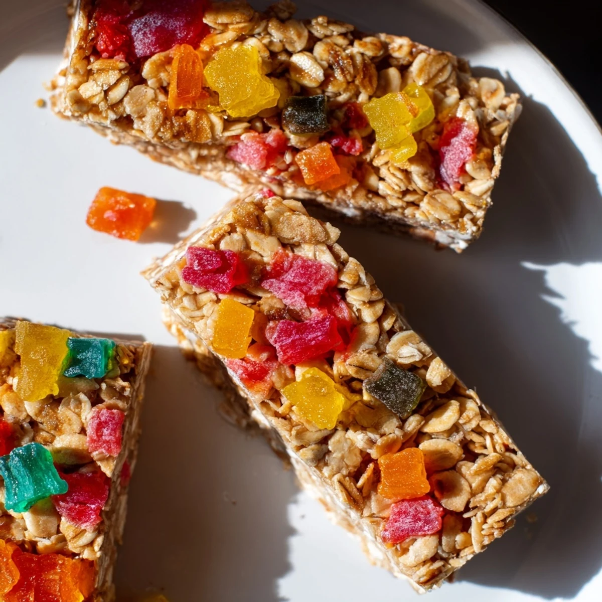 Colorful DIY snack bars topped with fruity gummies and freeze-dried candies  