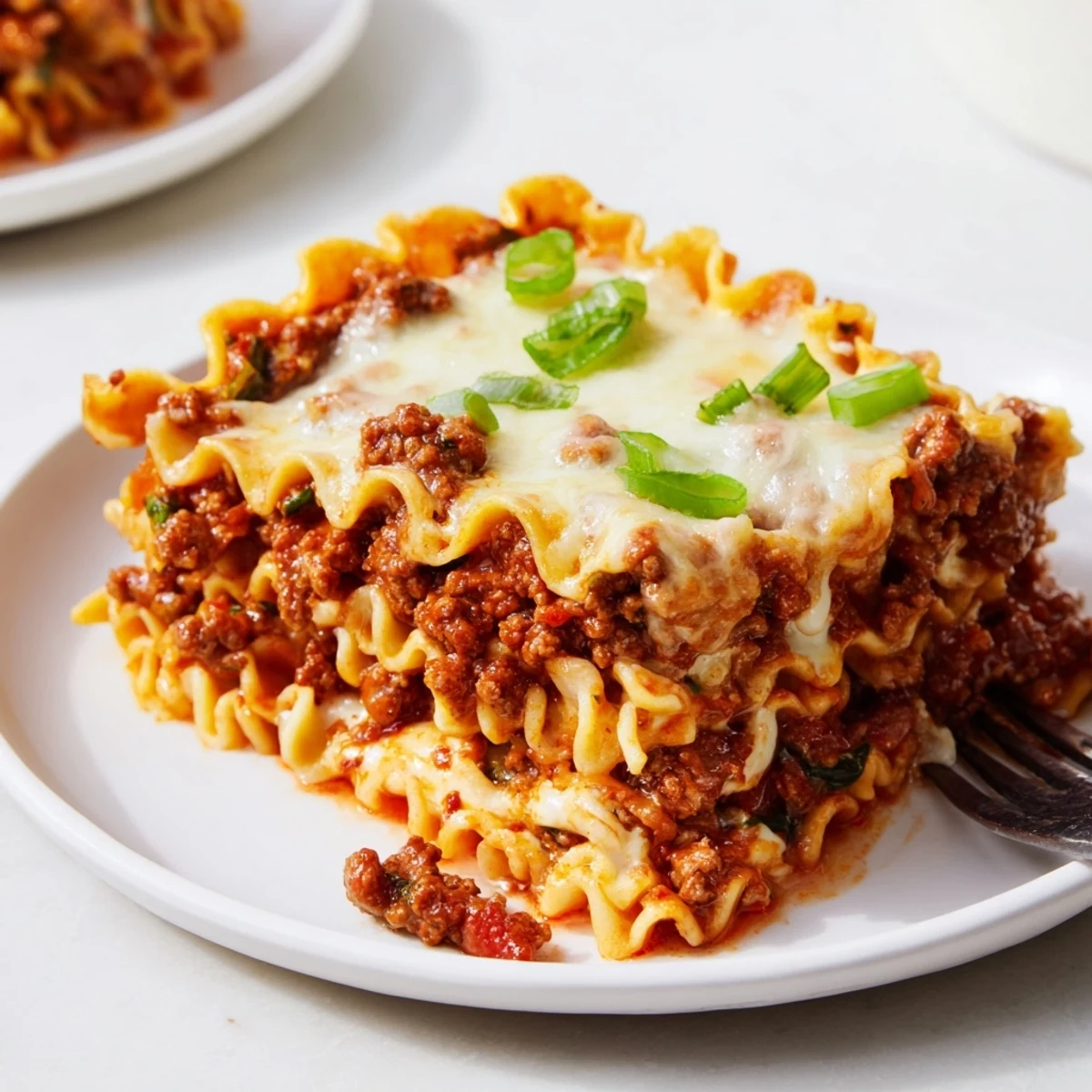 Golden-brown top of ramen lasagna, infused with flavors of tomato and spice.  
