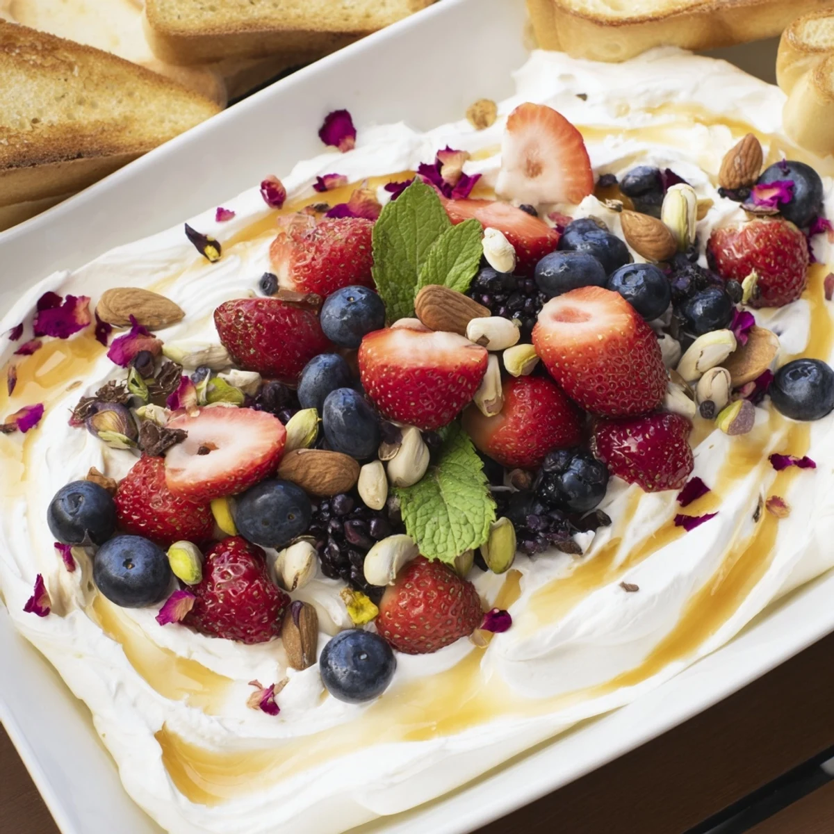 Creamy butter board dessert featuring fresh berries and crunchy toppings on a platter.  