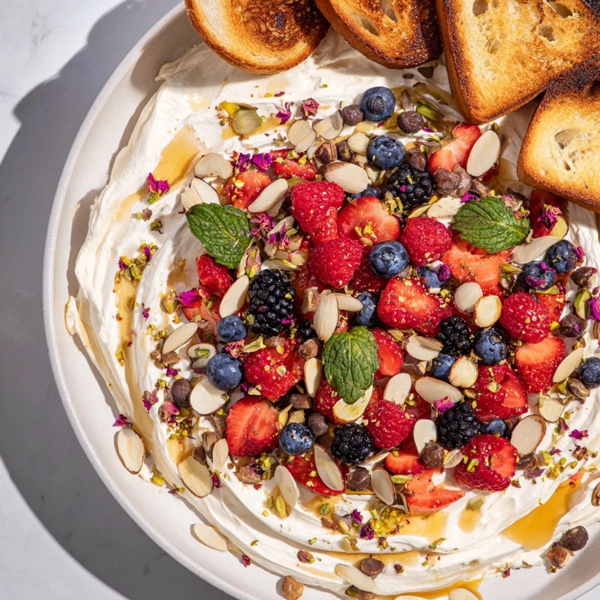 Vibrant butter board dessert decorated with berries, nuts, and a drizzle of honey.