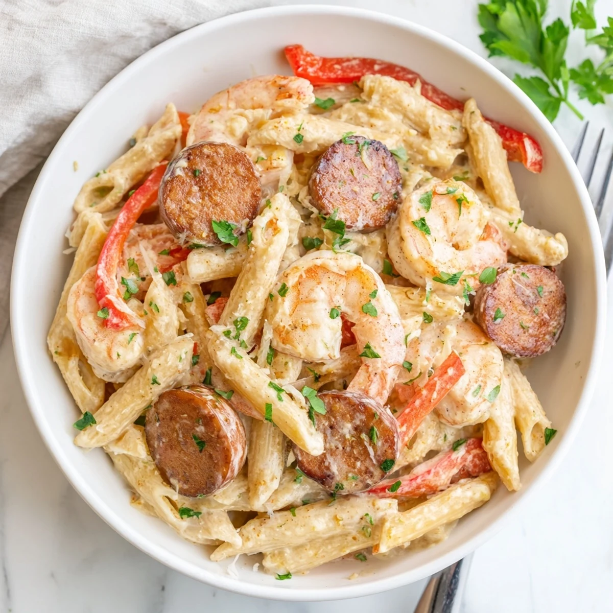 Creamy Cajun Sausage & Shrimp Alfredo Pasta Skillet, garnished with fresh parsley and spices.  