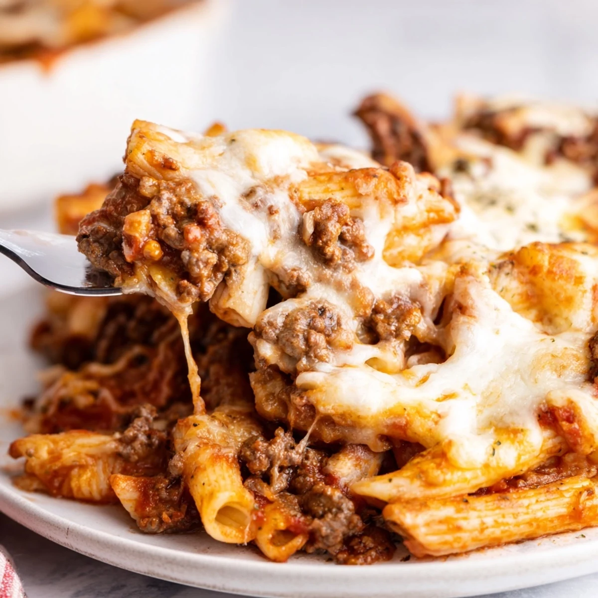 Hearty Cheesy Beef & Penne Bake casserole, perfect for family meals and gatherings.  