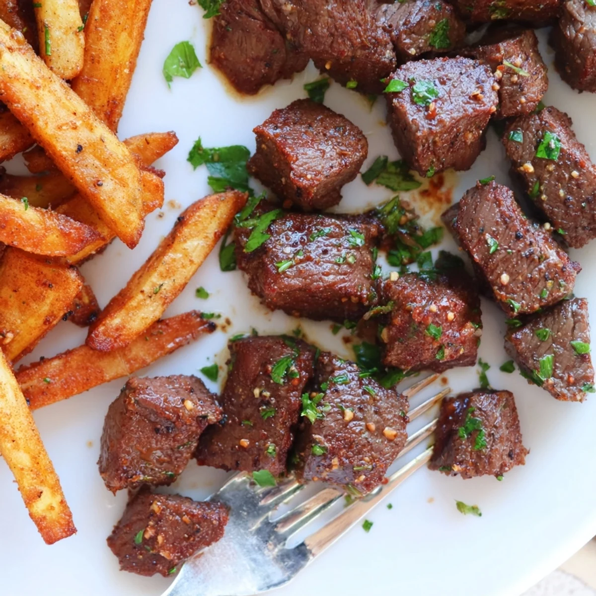 Flavorful blackened Cajun steak bites gleaming with butter, alongside crunchy, fried potatoes.