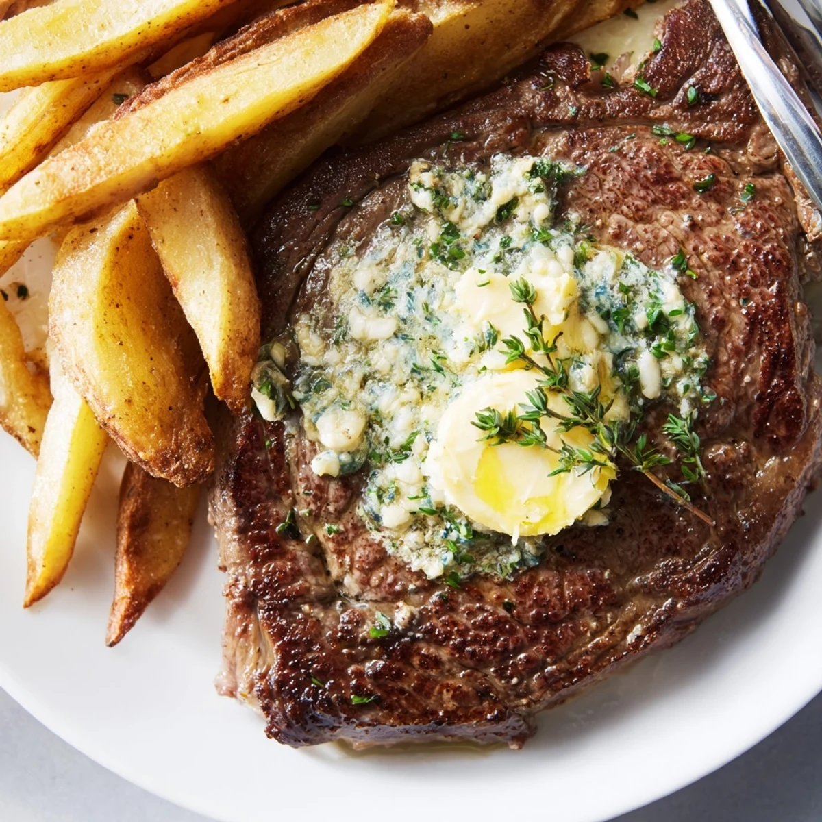 Juicy steak topped with rich garlic butter, served alongside perfectly baked fries.