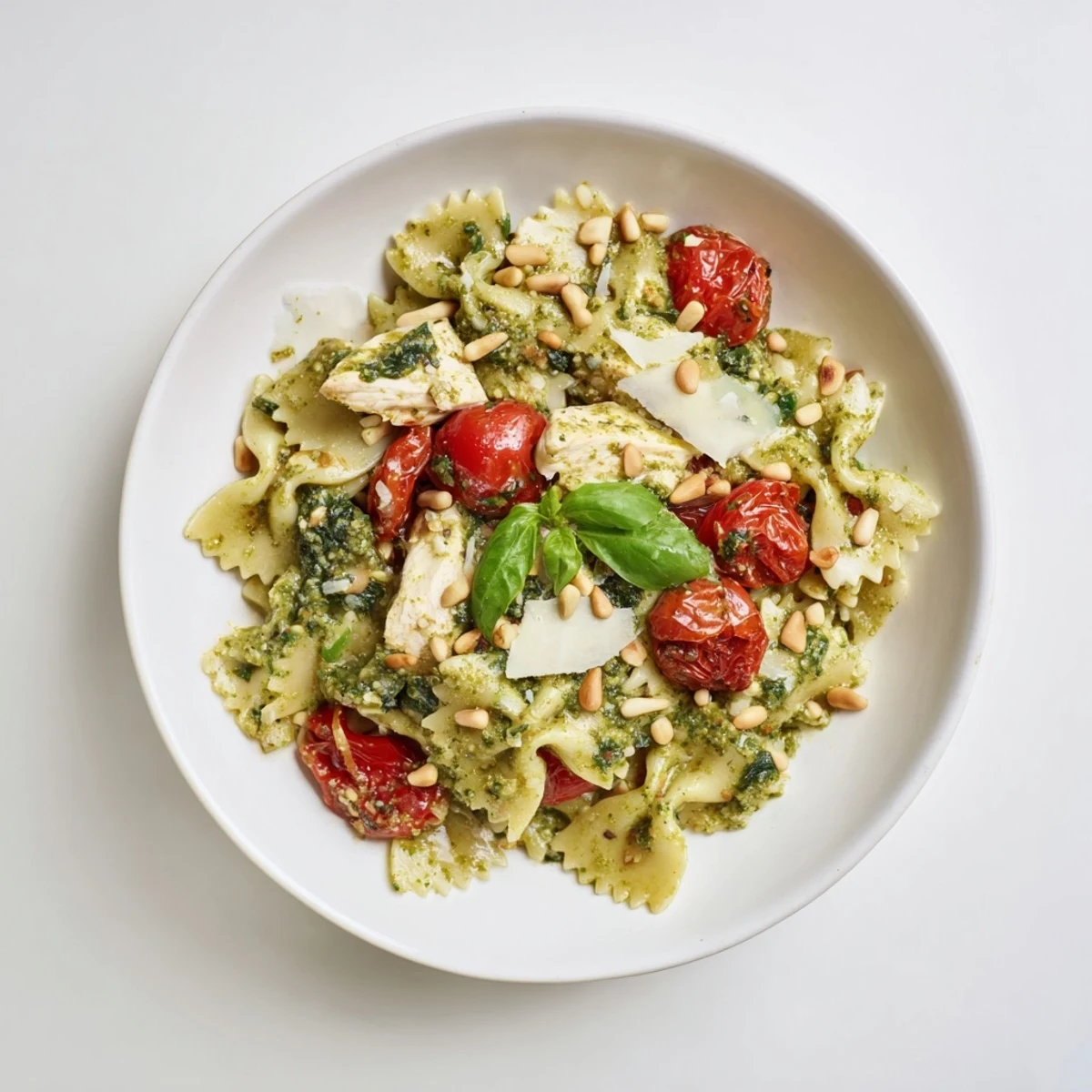 Delicious pesto chicken bowtie pasta surrounded by tender cherry tomatoes and spinach.