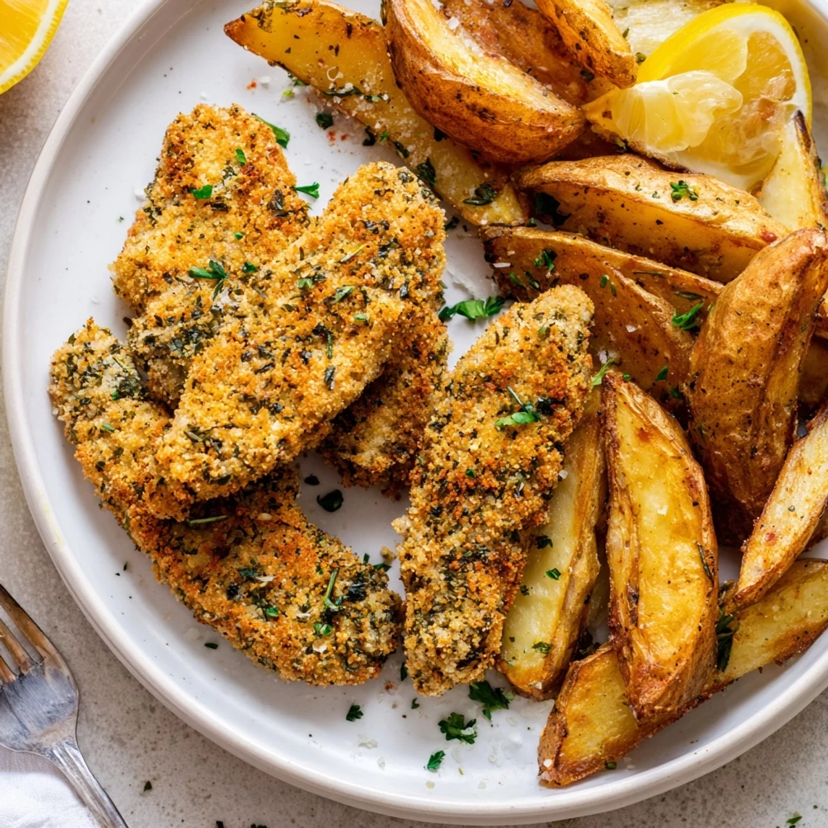 Juicy herbed chicken tenders paired with crispy potato wedges, perfect for family dinners.  