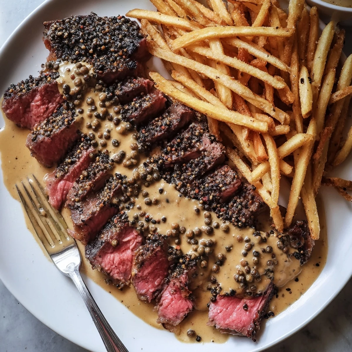 Sizzling Classic Peppercorn Ribeye topped with creamy sauce and served with golden fries.  