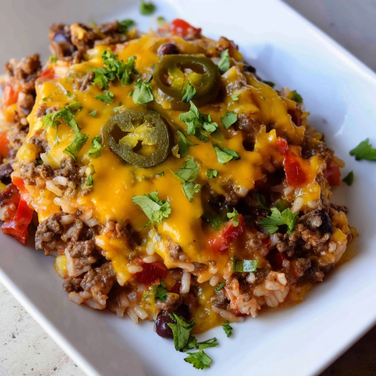 Steaming Tex-Mex Beef & Rice Casserole bubbling with melted cheese, a comforting family meal ready to enjoy.