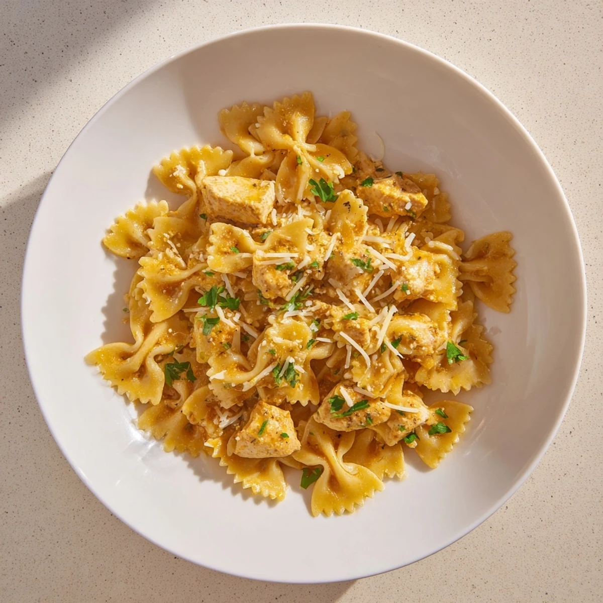 Golden bowtie pasta and mozzarella garlic butter chicken, a creamy, comforting Italian-American recipe.