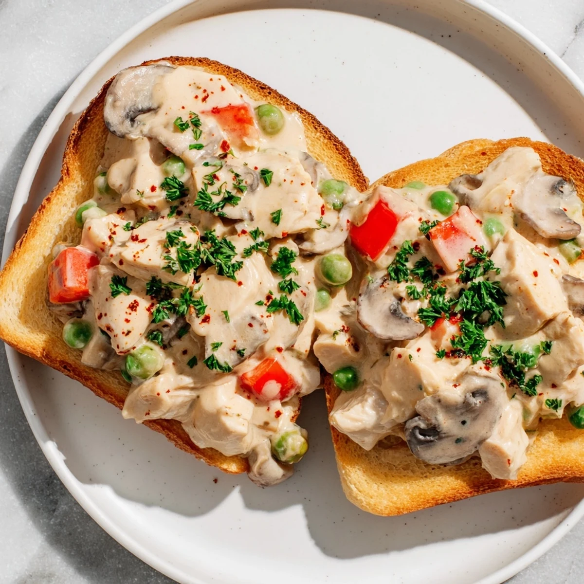 Chicken à la King, a creamy delight: the stewed chicken with vegetables atop golden toast.