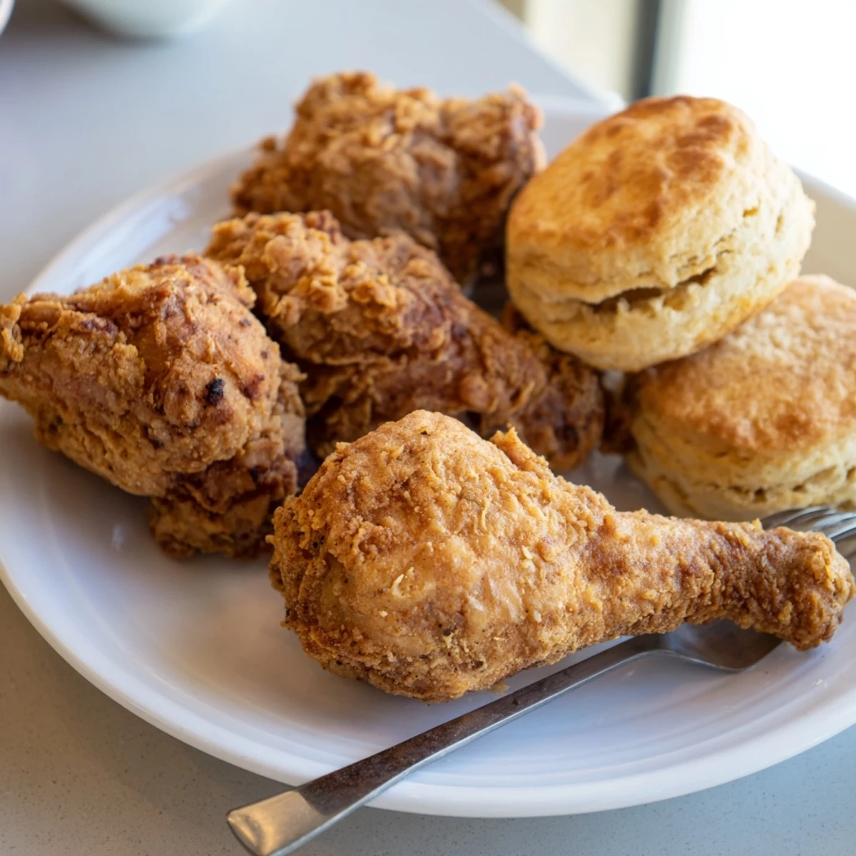 Golden, crispy Southern fried chicken and buttery biscuits await in this tempting photo.