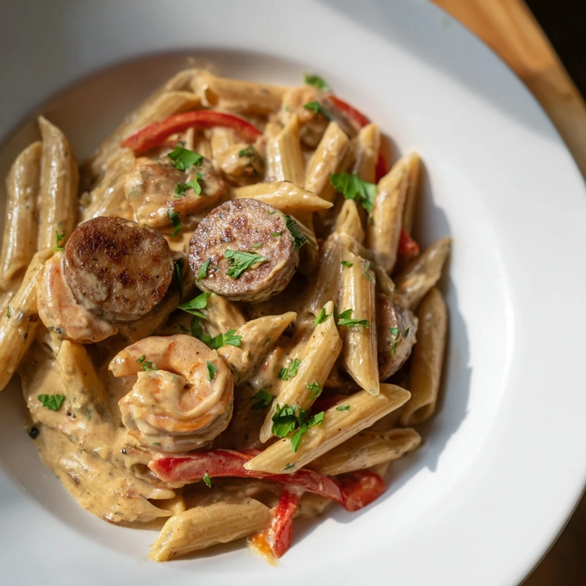 Delicious one-pan Cajun Sausage & Shrimp Alfredo Pasta Skillet, ready to enjoy with savory shrimp and al dente pasta.