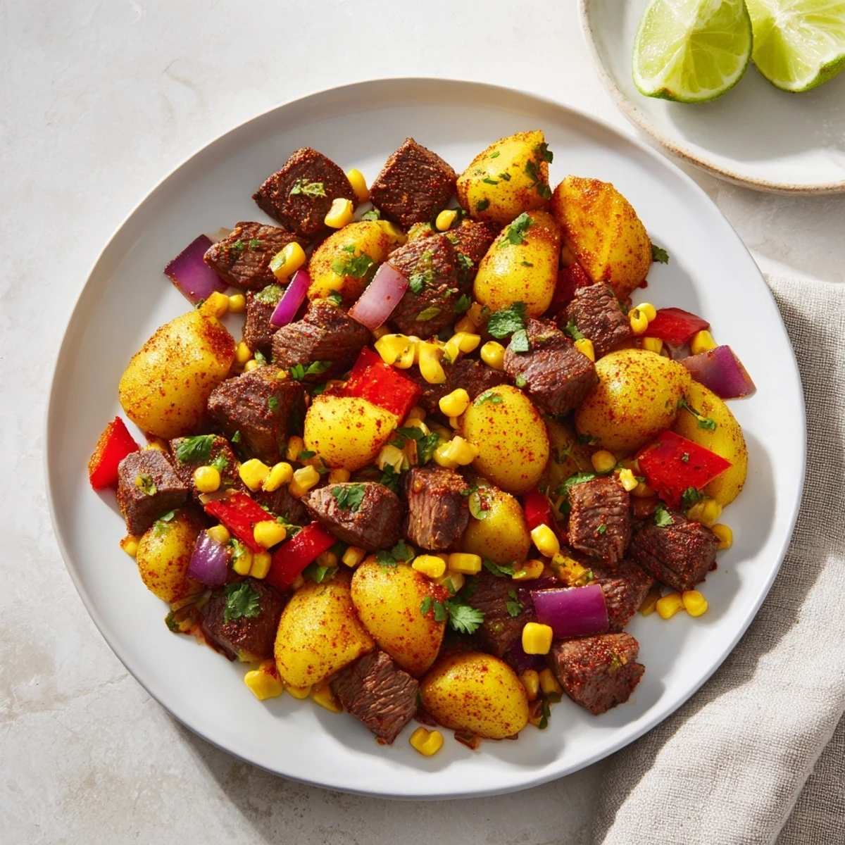 A steaming skillet of Southwest Steak & Potato, packed with flavorful steak and hearty veggies.