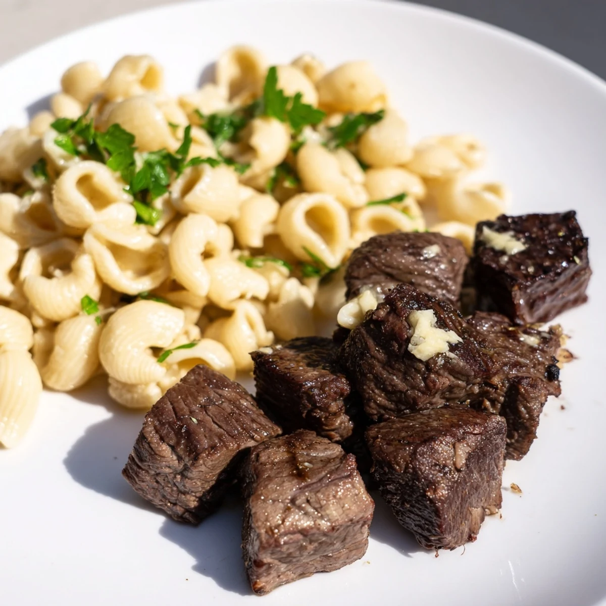 Enjoy tender, juicy garlic butter steak bites alongside rich, cheesy shells, a wonderful weeknight meal.