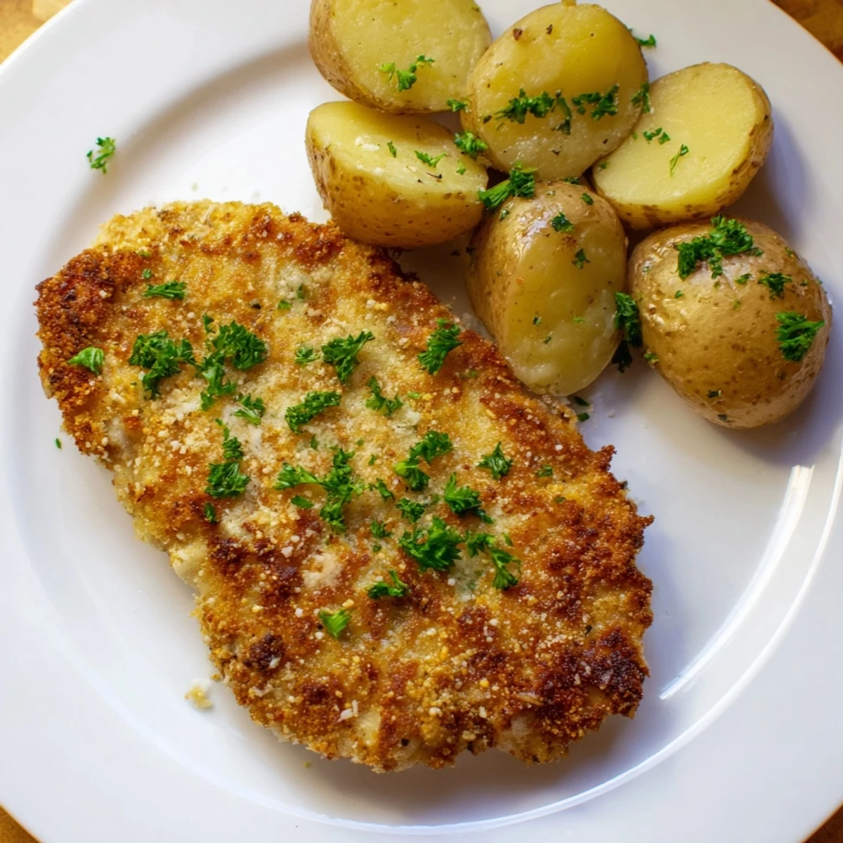 Golden brown Crispy Parmesan Crusted Chicken & Potatoes ready for a delicious, flavorful family dinner tonight.