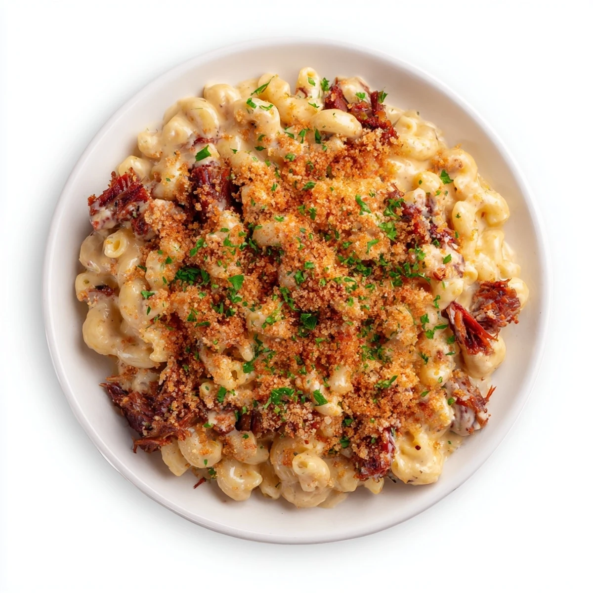 Tender pulled pork mingling with creamy macaroni and cheese, this is a hearty Barbecue feast.
