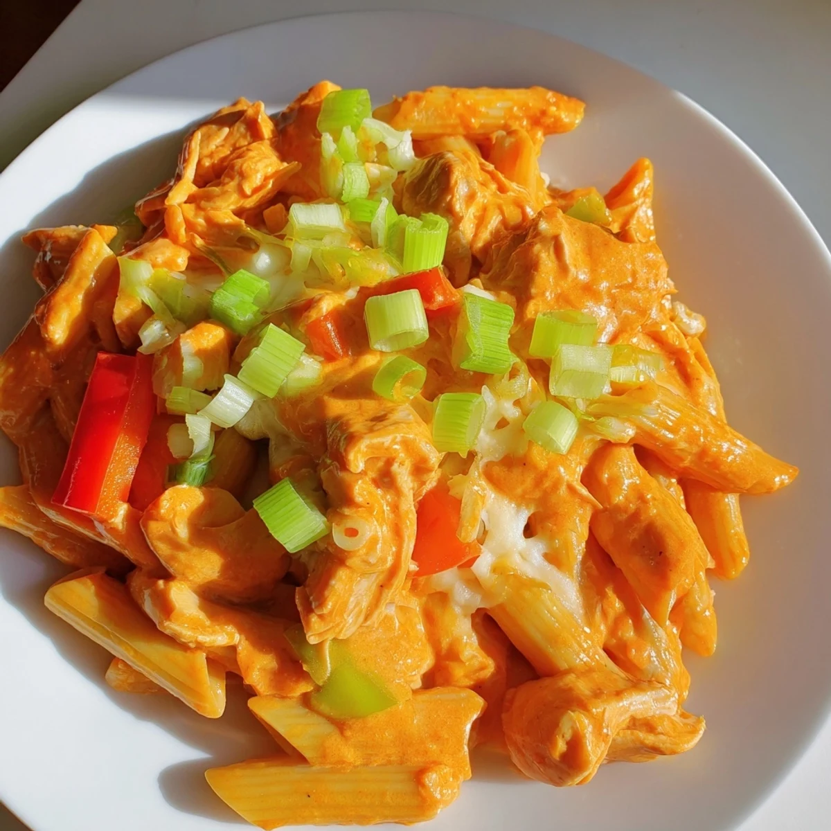 Close-up of a steaming Buffalo Chicken Pasta Skillet, loaded with tender chicken and spicy buffalo sauce.