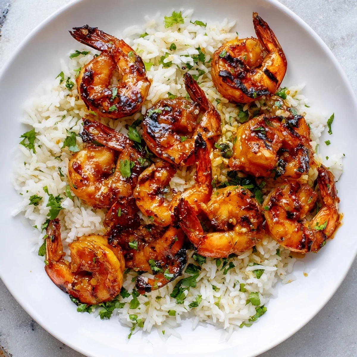 Smoky Chipotle Lime Grilled Shrimp and Rice glistening, served with fresh cilantro and lime wedges.