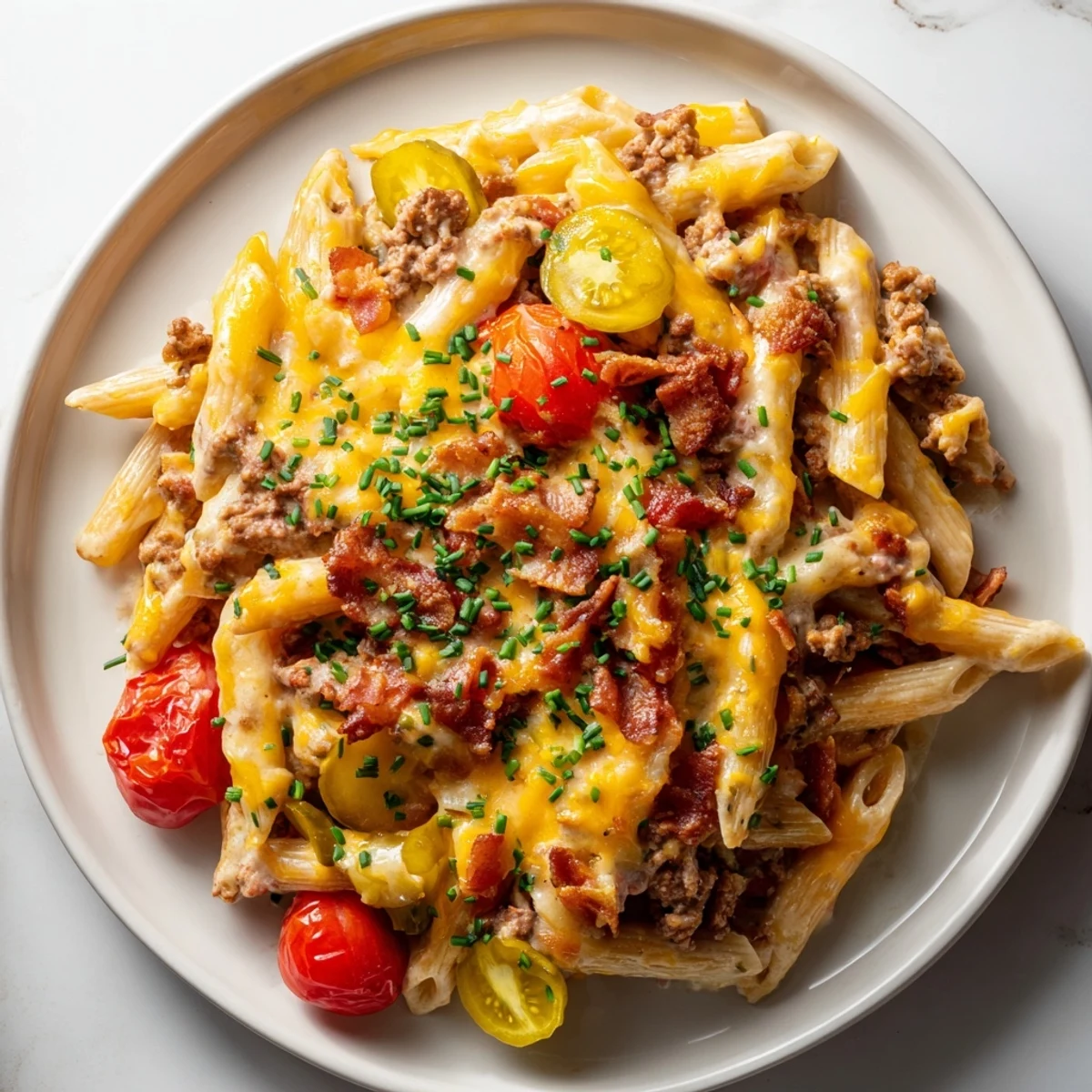 Cheesy and delicious Bacon Cheeseburger Pasta Bake, showcasing crispy bacon and a hearty meat sauce.